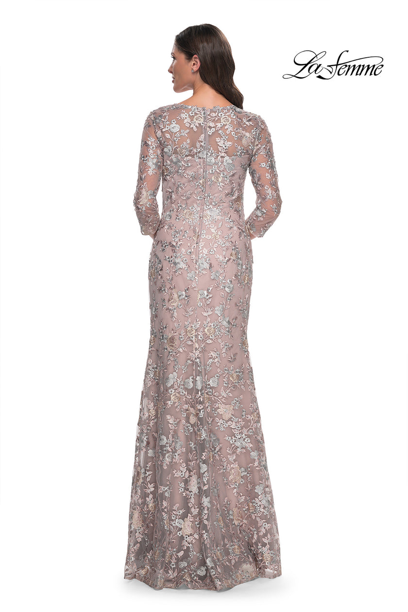 Picture of: Beautiful Lace Long Dress with V Neckline and Sleeves in Mauve, Style: 30081, Back Picture