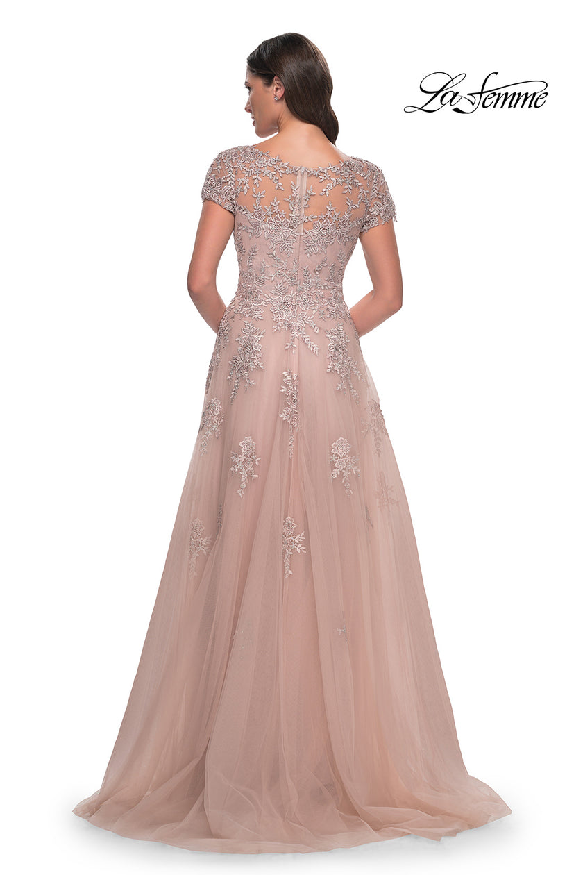 Picture of: A-Line Tulle Gown with Lace Applique and Short Sleeves in Mauve, Style: 30228, Back Picture