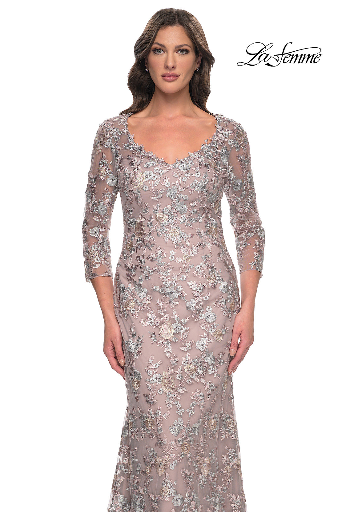 Picture of: Beautiful Lace Long Dress with V Neckline and Sleeves in Mauve, Style: 30081, Detail Picture 1