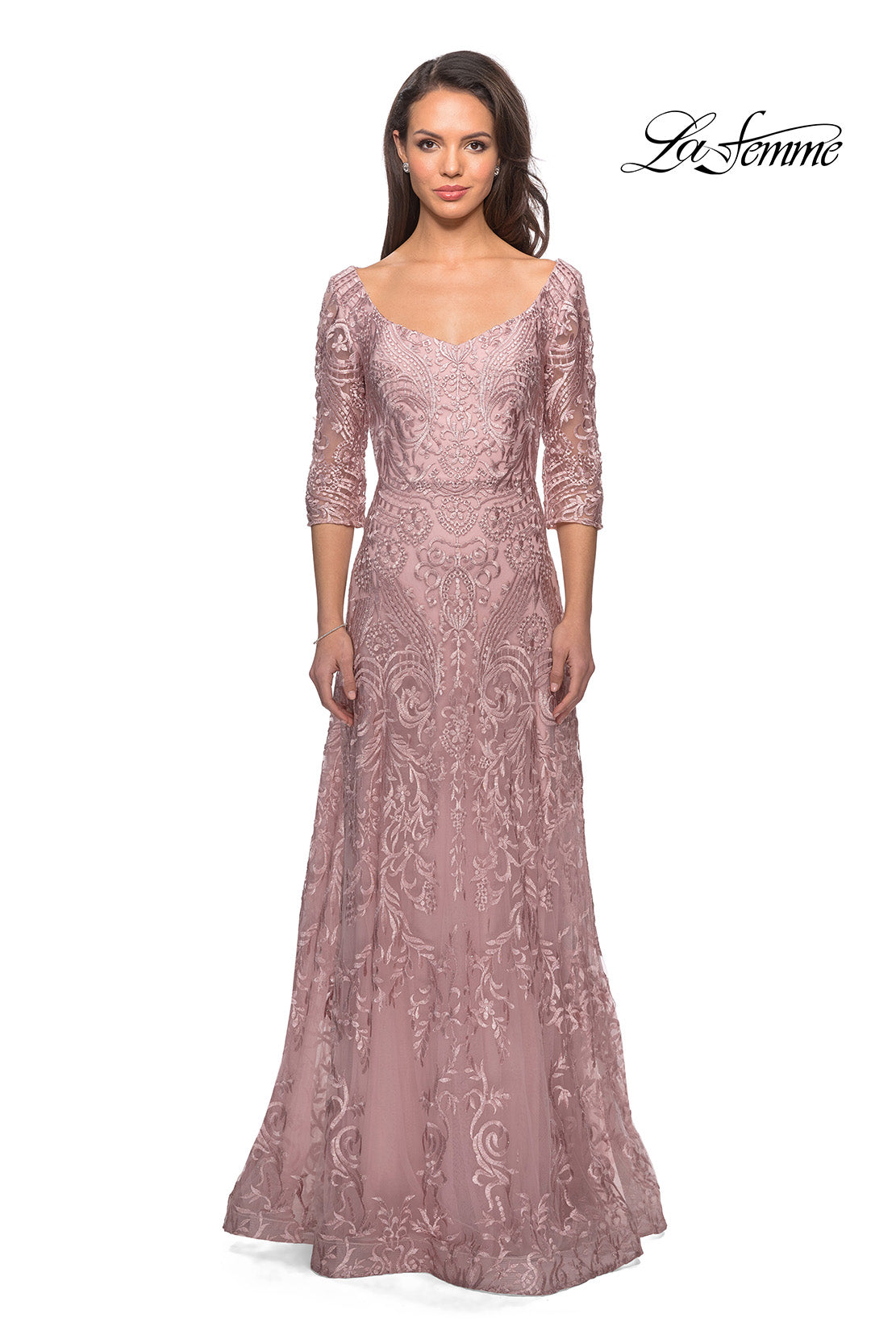 Picture of: Embroidered Lace Gown with V Neckline and Flare Skirt in Mauve, Style: 27949, Detail Picture 2