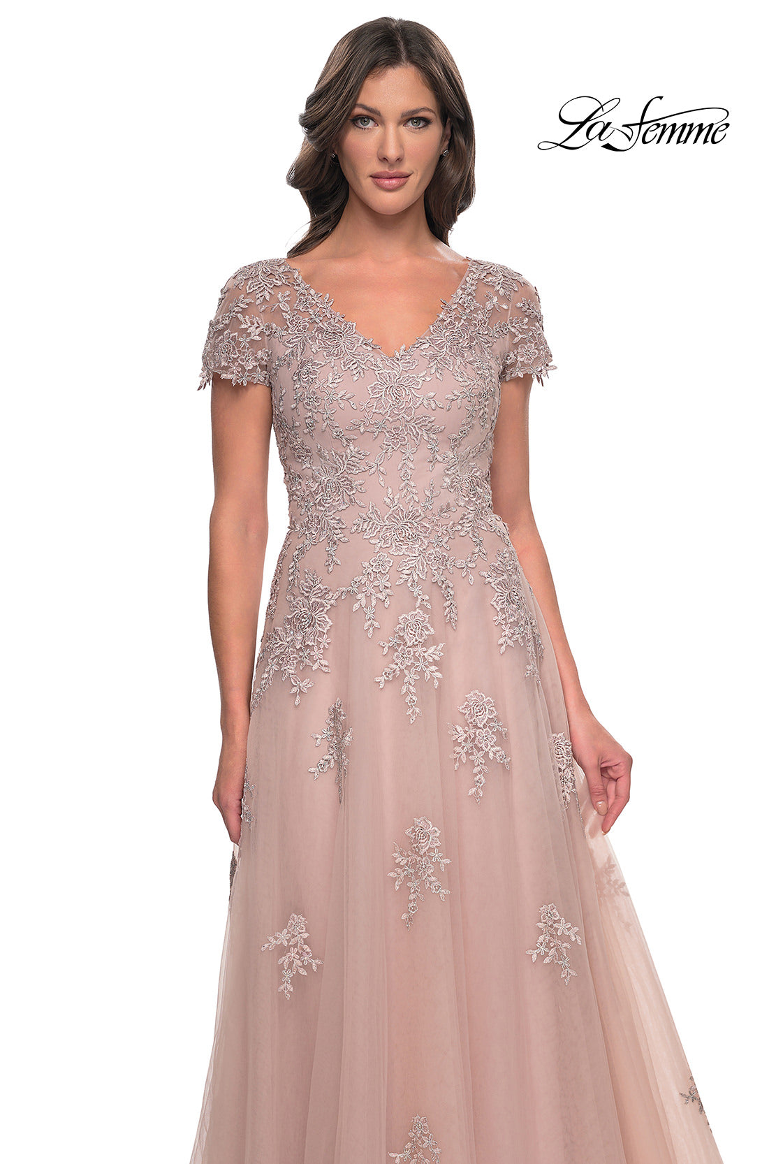 Picture of: A-Line Tulle Gown with Lace Applique and Short Sleeves in Mauve, Style: 30228, Detail Picture 4