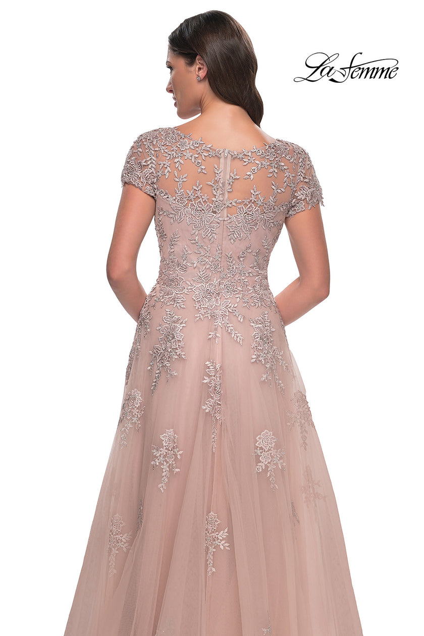 Picture of: A-Line Tulle Gown with Lace Applique and Short Sleeves in Mauve, Style: 30228, Detail Picture 5