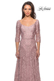 Picture of: Embroidered Lace Gown with V Neckline and Flare Skirt in Mauve, Style: 27949, Detail Picture 7