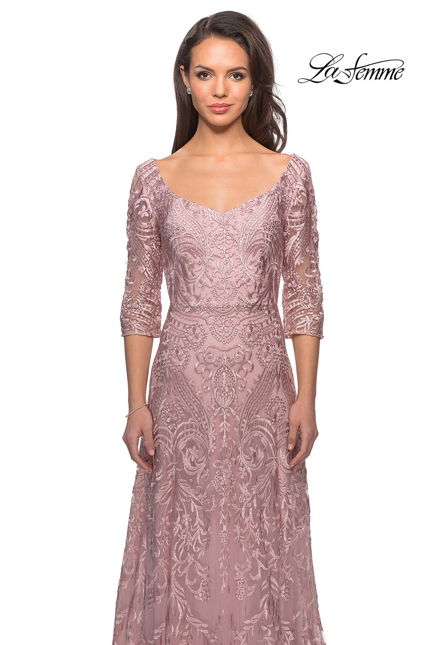 Picture of: Embroidered Lace Gown with V Neckline and Flare Skirt in Mauve, Style: 27949, Detail Picture 7