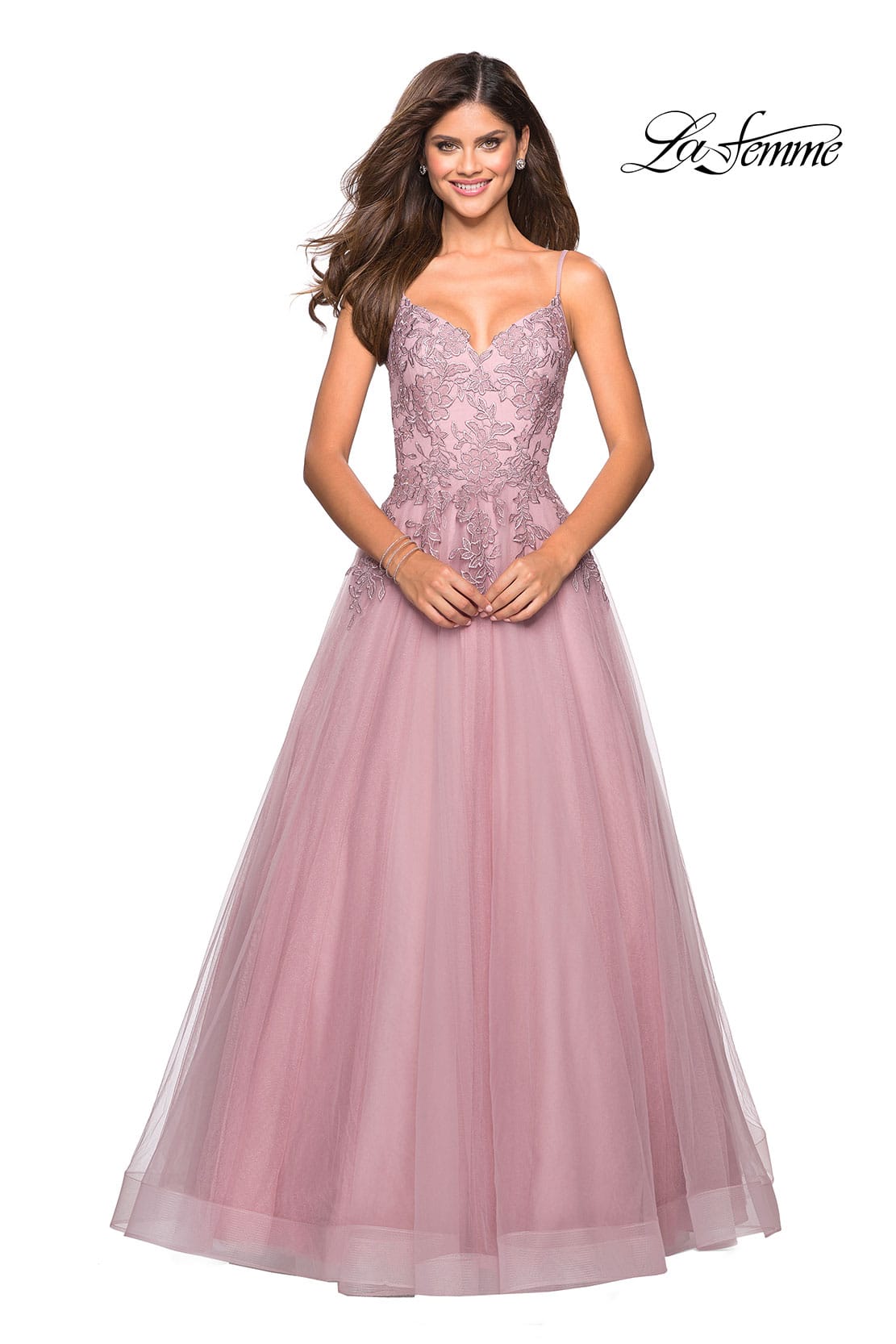 Picture of: Tulle Prom Gown with Floral Lace Embellishments in Mauve, Style: 27569, Main Picture