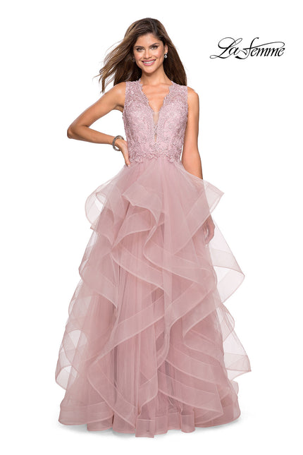 Picture of: Long Layered Tulle Dress with Lace Embellished Bodice in Mauve, Style: 27570, Main Picture