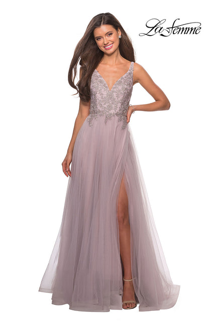 Picture of: A Line Long Prom Dress with High Slit and Lace in Mauve, Style: 27676, Main Picture