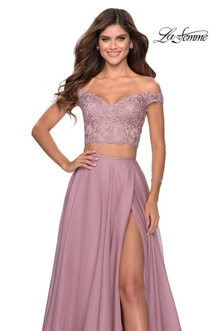 Picture of: Two Piece Dress with Sheer Off the Shoulder Top in Mauve, Style: 28704, Main Picture