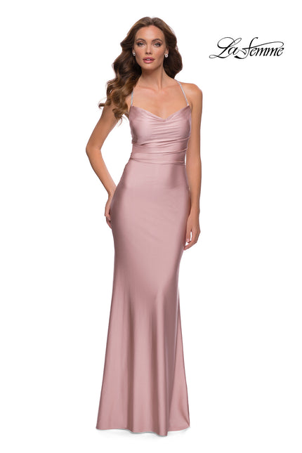 Picture of: Fitted Jersey Gown with Draped Neckline and Beaded Straps in Mauve, Style 29918, Main Picture