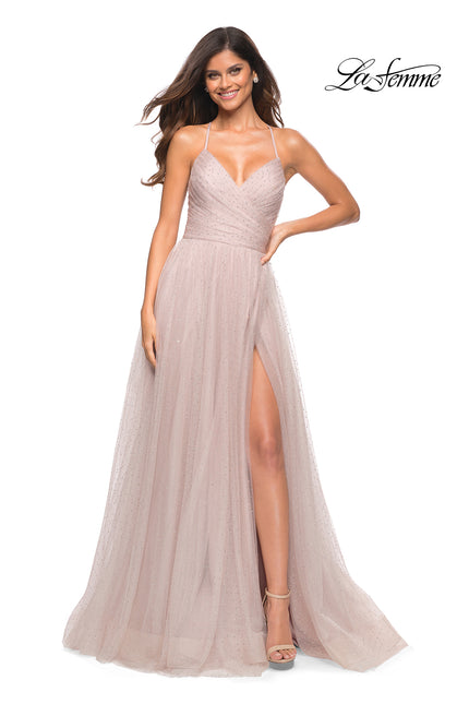 Picture of: Rhinestone Tulle Ballgown with Slit and Lace Up Back in Mauve, Main Picture