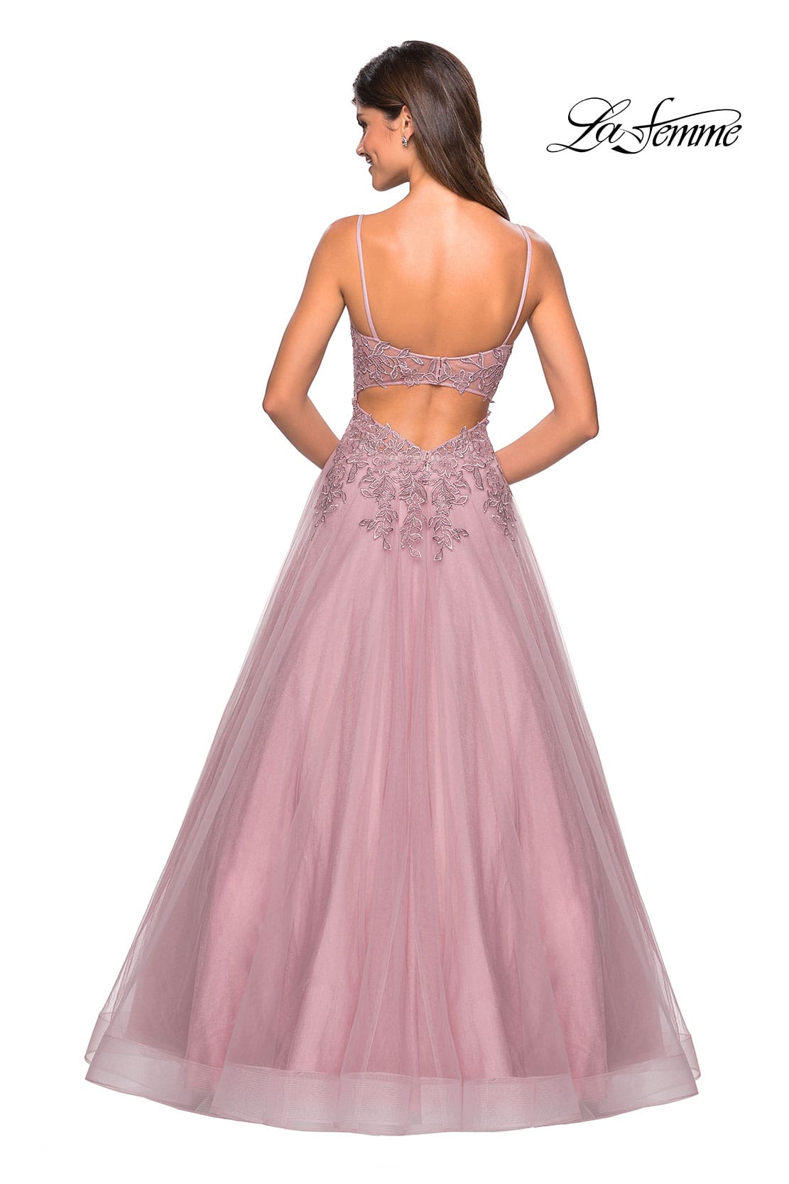 Picture of: Tulle Prom Gown with Floral Lace Embellishments in Mauve, Style: 27569, Back Picture