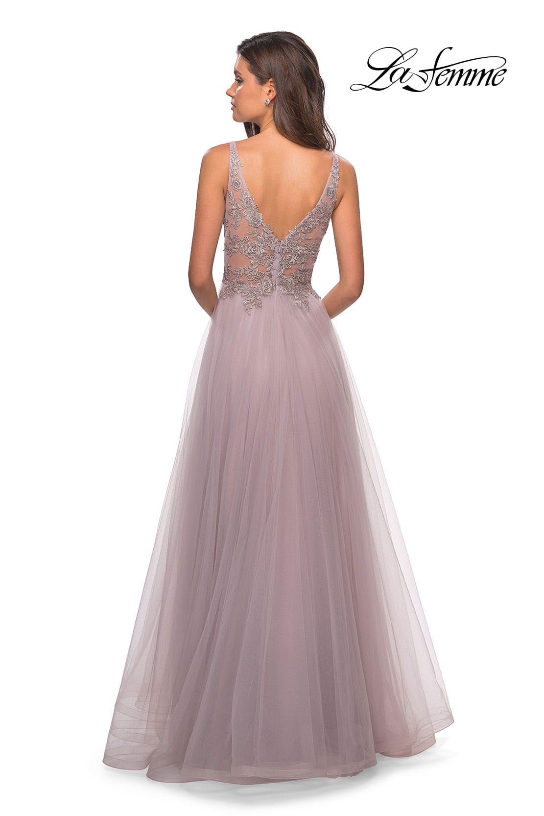 Picture of: A Line Long Prom Dress with High Slit and Lace in Mauve, Style: 27676, Back Picture