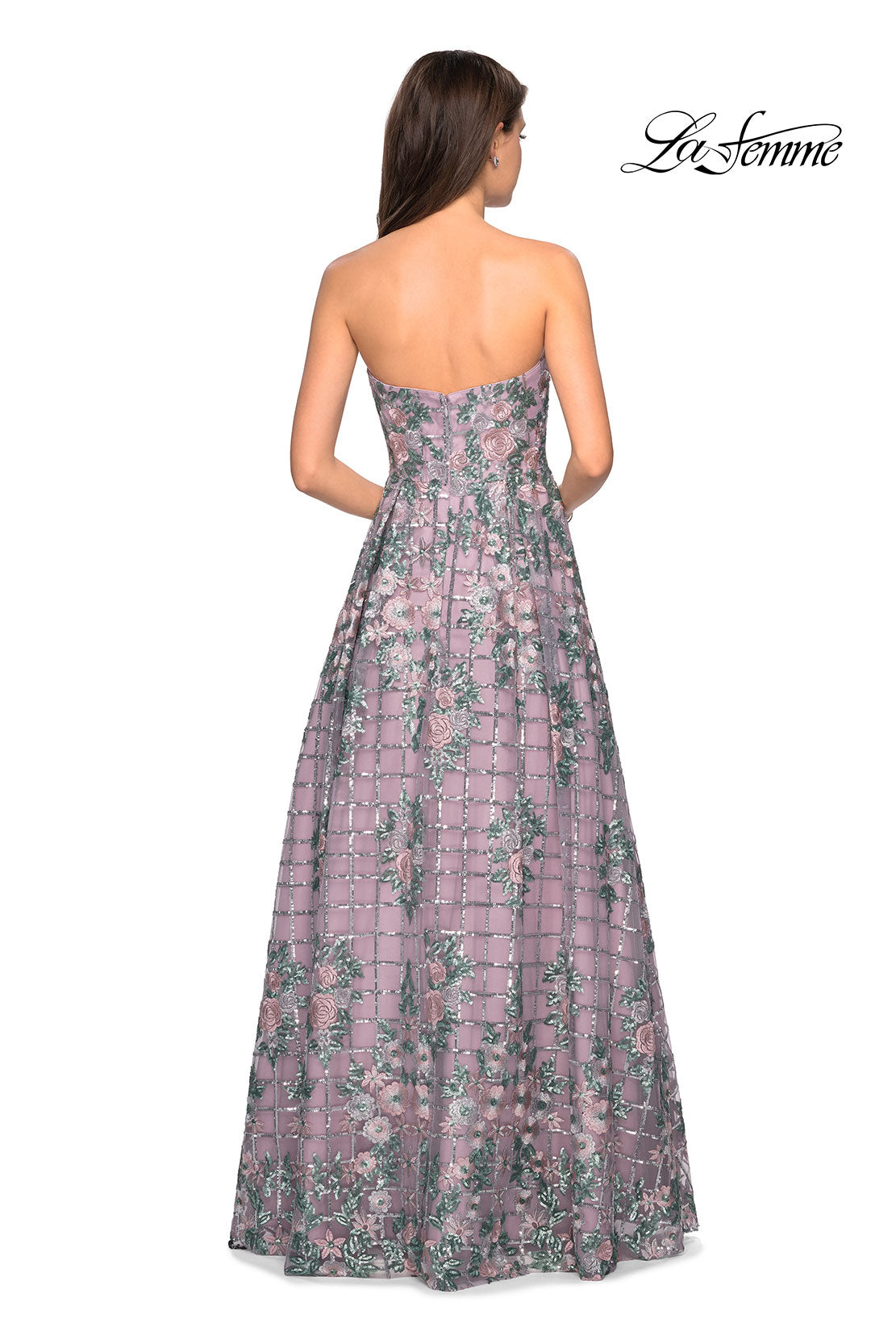 Picture of: Floral and Sequin A-Line Strapless Prom Dress in Mauve, Style: 27683, Back Picture