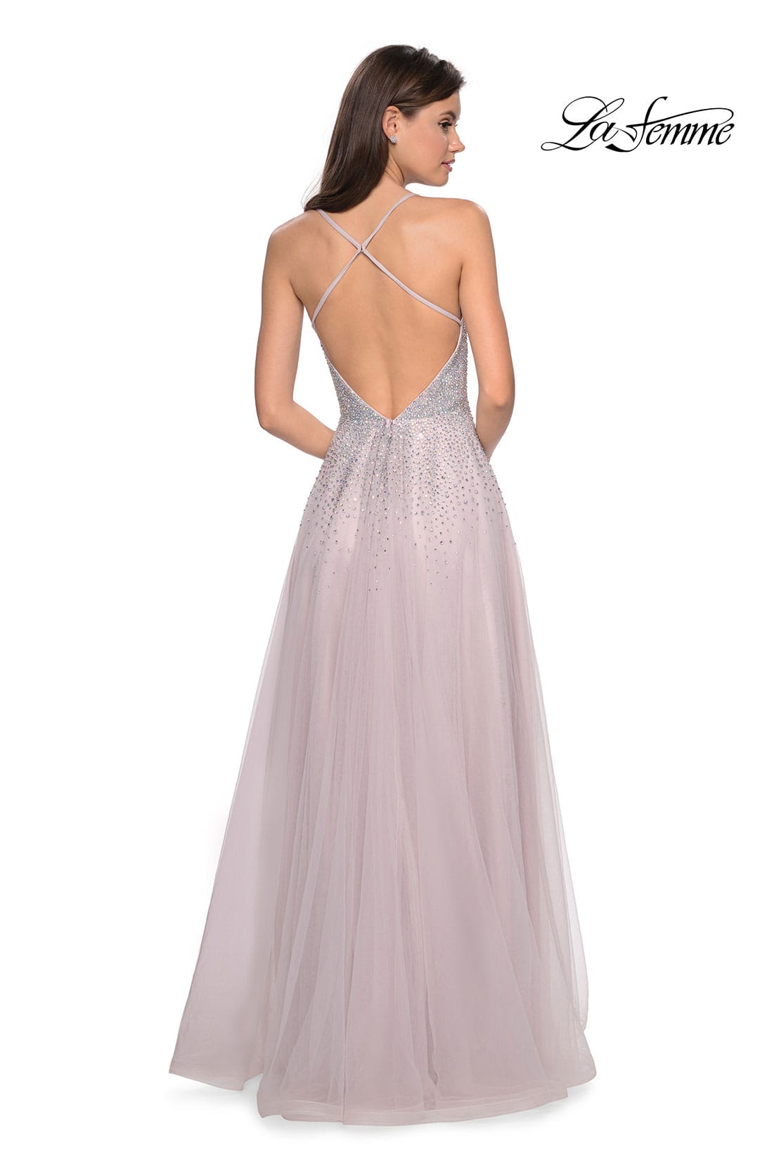 Picture of: Long Tulle Ball Gown with Cascading Rhinestones in Mauve, Style: 27750, Back Picture