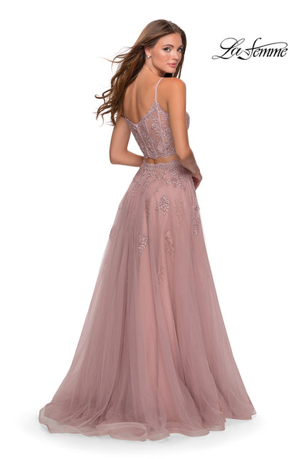 Picture of: Long Two Piece Tulle Gown with Floral Embroidery in Mauve, Style: 28271, Back Picture