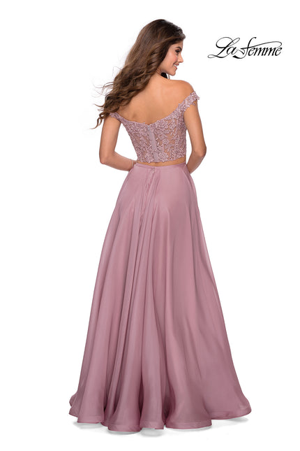 Picture of: Two Piece Dress with Sheer Off the Shoulder Top in Mauve, Style: 28704, Back Picture