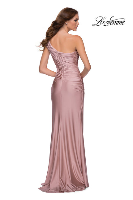 Picture of: One Shoulder Shiny Ruched Jersey Dress with Slit in Mauve, Style 29619, Back Picture