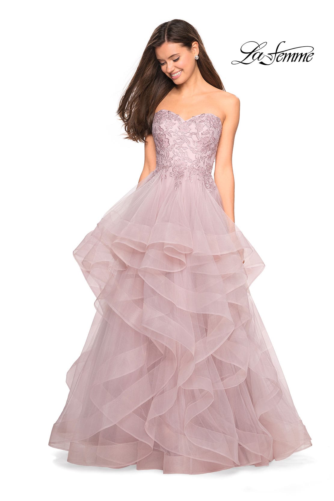 Picture of: Strapless Tulle Prom Gown with Lace Embellishments in Mauve, Style: 27620, Detail Picture 1