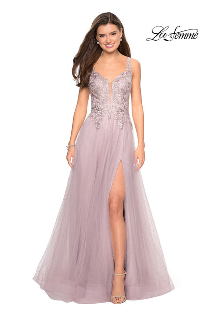Picture of: Long Tulle Prom Dress with Embellished Bodice and Slit in Mauve, Style: 27646, Detail Picture 1