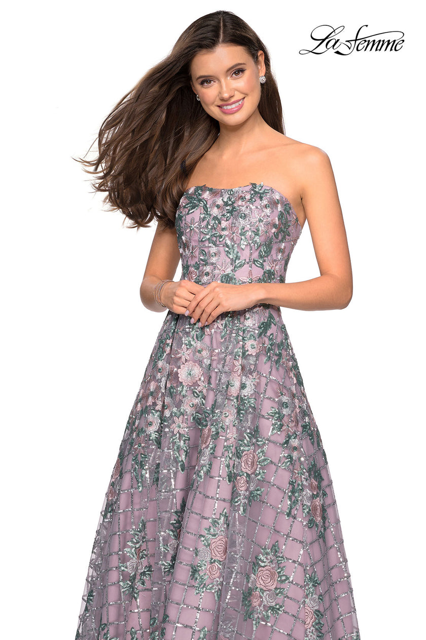 Picture of: Floral and Sequin A-Line Strapless Prom Dress in Mauve, Style: 27683, Detail Picture 1