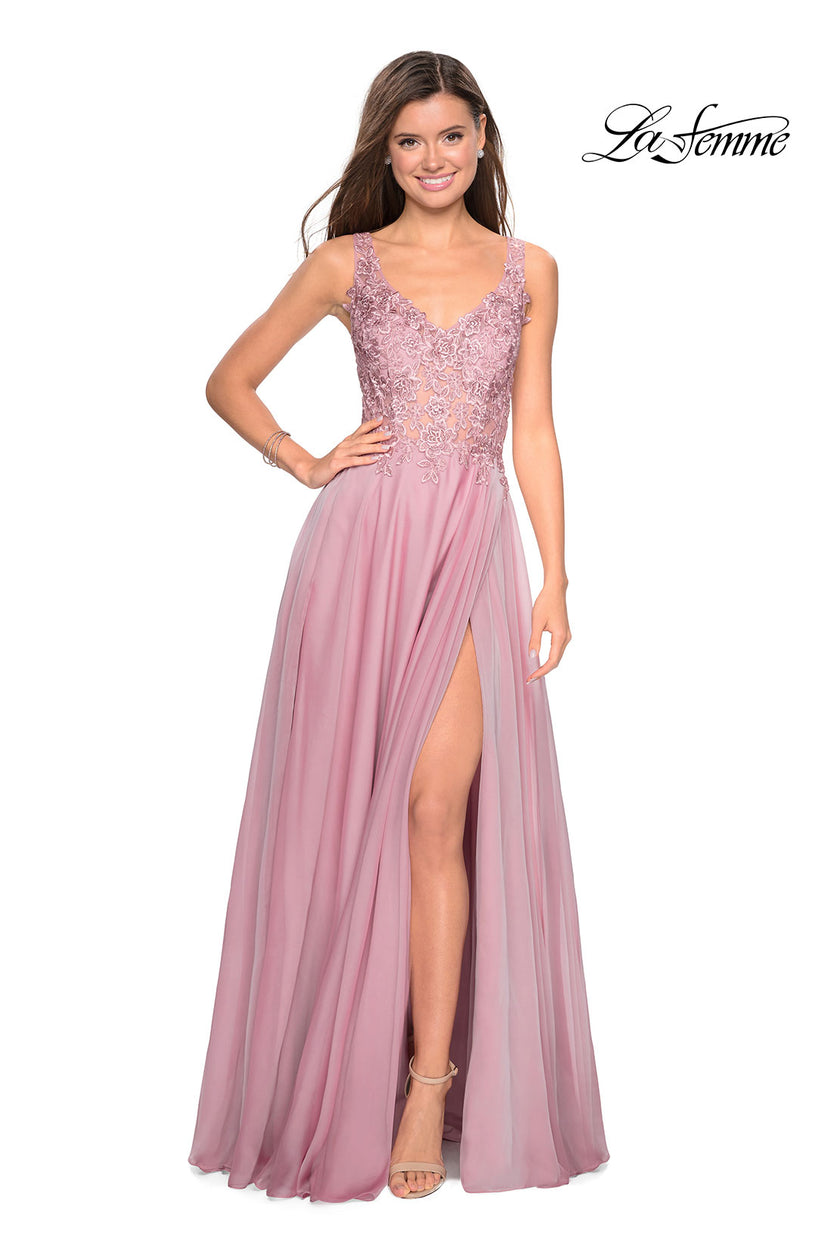 Picture of: Floor Length Chiffon Prom Dress with Sheer Floral Bodice in Mauve, Style: 27751, Detail Picture 1