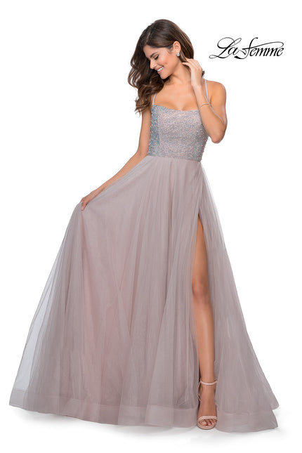 Picture of: Long Tulle Ball Gown with Beaded Bodice and Slit in Mauve, Style: 28530, Detail Picture 1