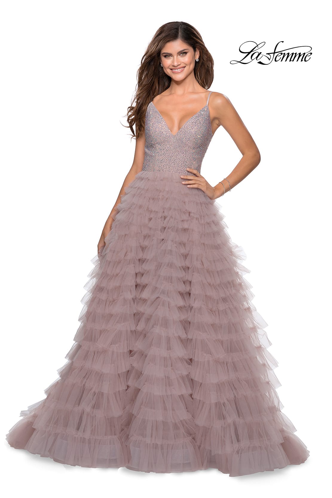 Picture of: Layered Tulle Prom Dress with Sheer Rhinestone Top in Mauve, Style: 28788, Detail Picture 1