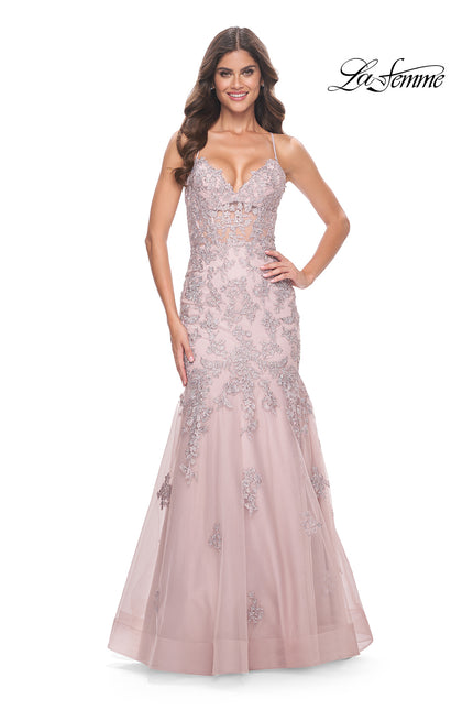 Picture of: Mermaid Lace Embellished Gown with Illusion Top in Mauve, Style: 32004, Detail Picture 1