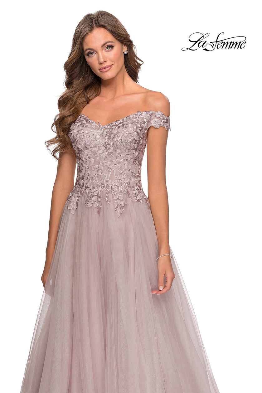 Picture of: Off the Shoulder Tulle Gown with Sheer Floral Bodice in Mauve, Style: 28598, Detail Picture 2