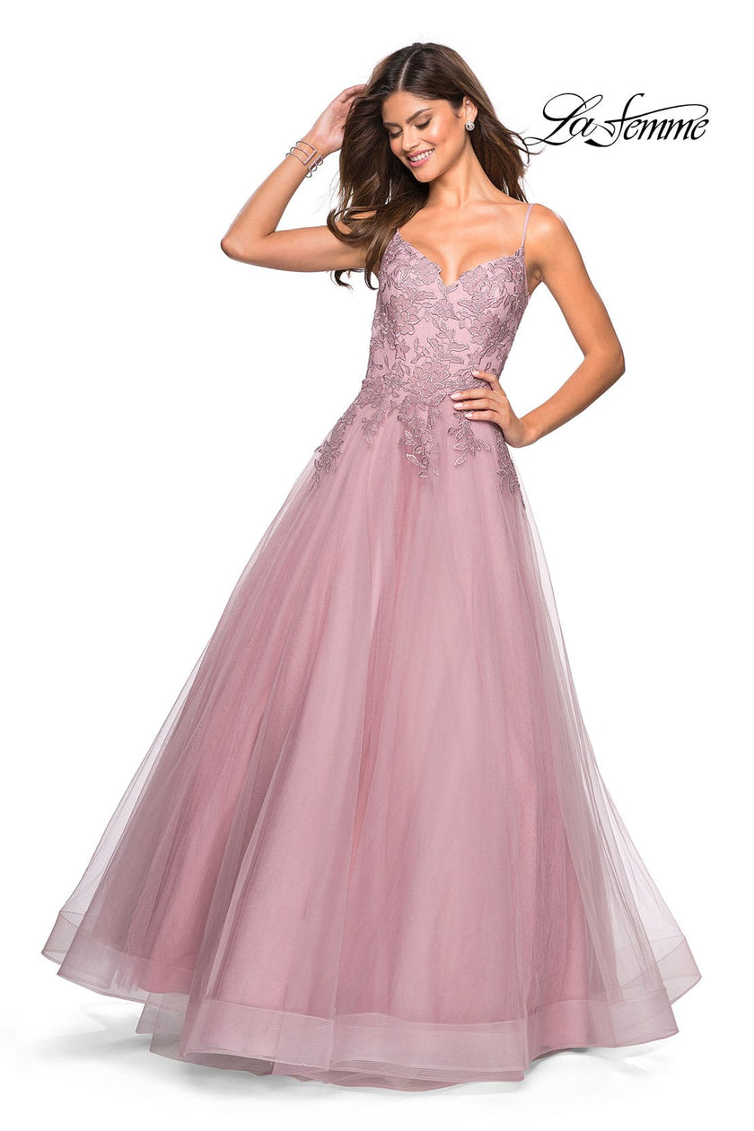 Picture of: Tulle Prom Gown with Floral Lace Embellishments in Mauve, Style: 27569, Detail Picture 3