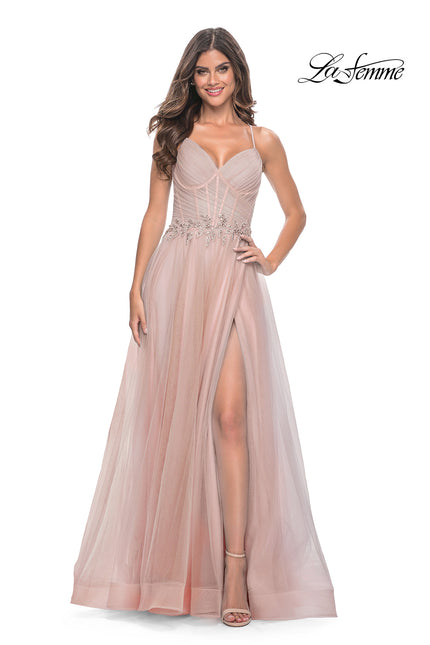 Picture of: A-Line Prom Gown with Ruched Bodice and Rhinestone Belt Detail in Mauve, Style: 32117, Detail Picture 3