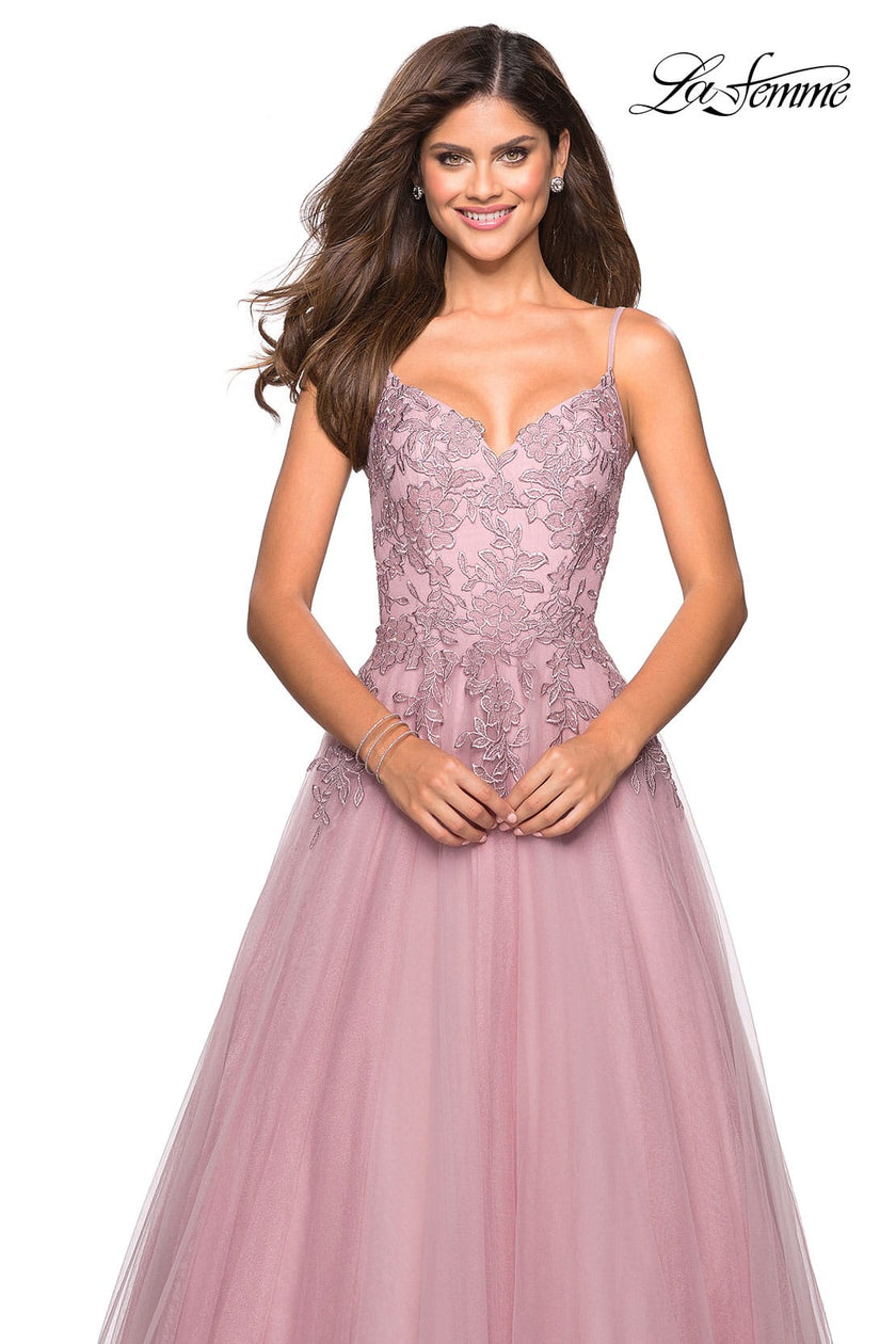 Picture of: Tulle Prom Gown with Floral Lace Embellishments in Mauve, Style: 27569, Detail Picture 4