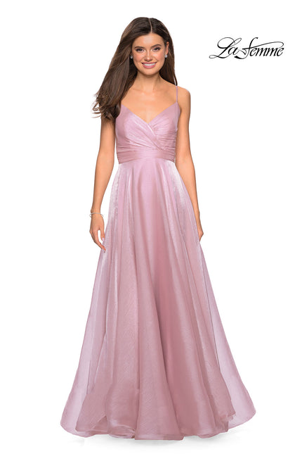 Picture of: Long Metallic Chiffon Dress with Ruching and V Back in Mauve, Style: 27616, Detail Picture 4