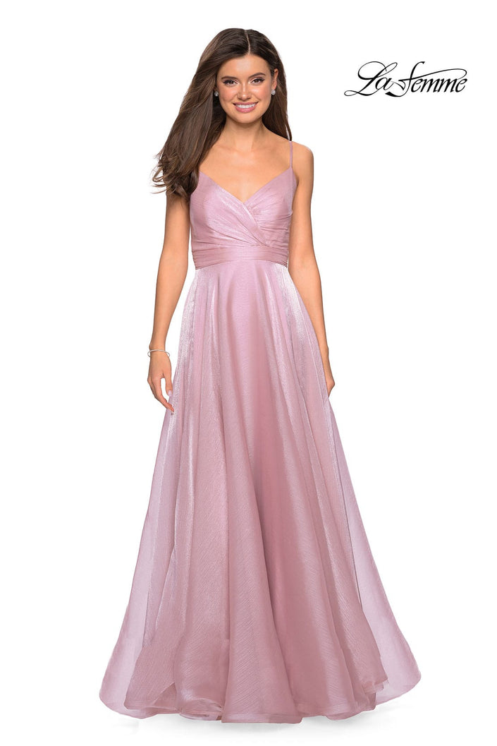 Picture of: Long Metallic Chiffon Dress with Ruching and V Back in Mauve, Style: 27616, Detail Picture 4