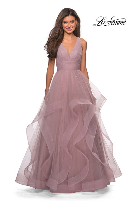 Picture of: Long Tulle Evening Gown with Plunging Neckline in Mauve, Style: 27628, Detail Picture 5