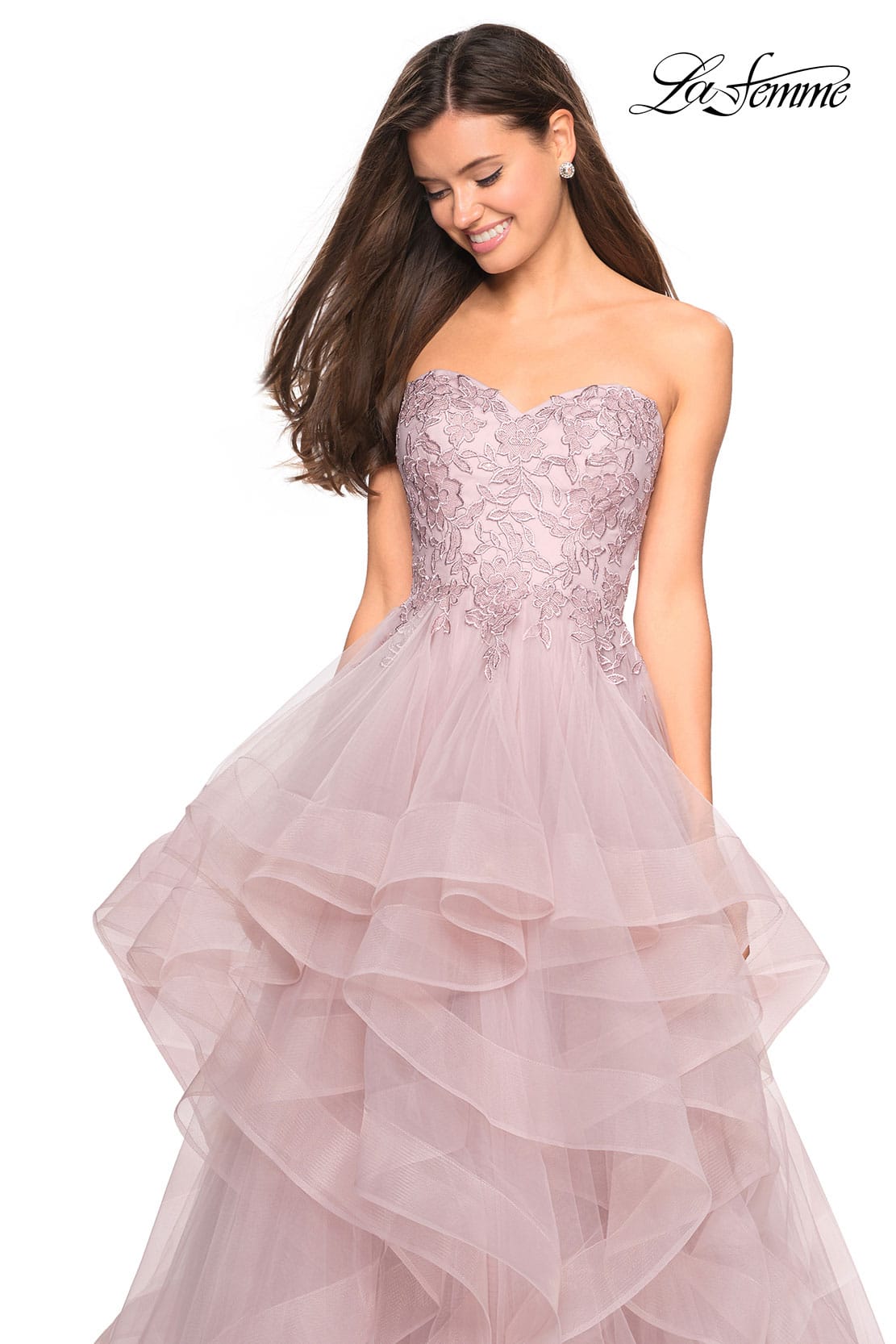 Picture of: Strapless Tulle Prom Gown with Lace Embellishments in Mauve, Style: 27620, Detail Picture 7
