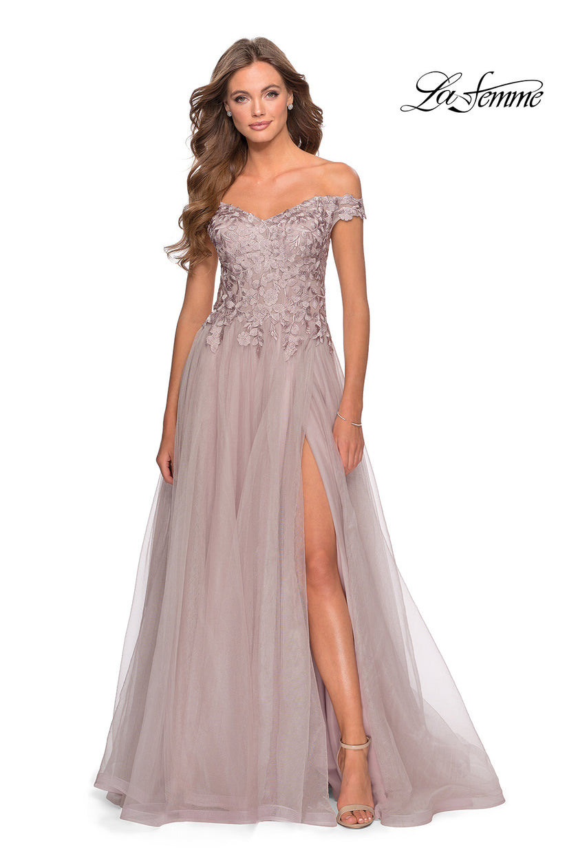 Picture of: Off the Shoulder Tulle Gown with Sheer Floral Bodice in Mauve, Style: 28598, Detail Picture 7