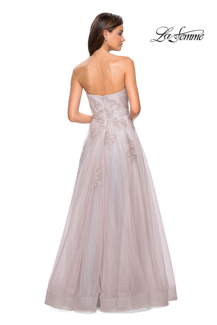 Picture of: Long Strapless Tulle Prom Dress with Floral Appliques in Mauve/Silver, Style: 27803, Back Picture
