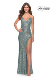 Picture of: Stretch Sequin Dress with High Side Slit and V Neck in Mint, Style: 31298, Main Picture