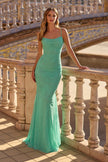 Picture of: Ruched Lace Fitted Gown with Strappy Open Back in Mint, Style: 33857, Main Picture