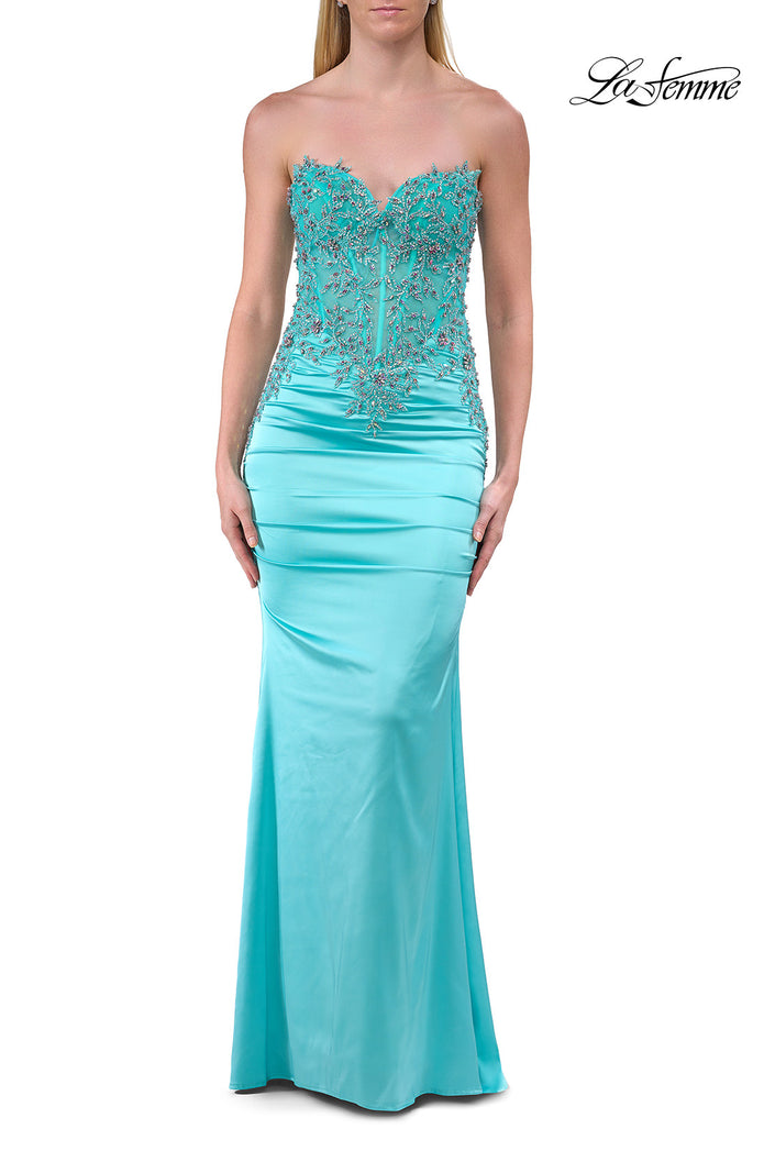 Picture of: Strapless Beaded Corset Gown with Ruching and Lace-Up Back in Mint, Style: 33765, Detail Picture 9