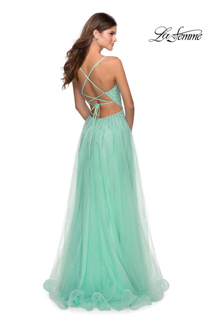Picture of: Tulle Dress with Cascading Rhinestone Detail in Mint, Style: 28636, Back Picture