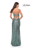 Picture of: Stretch Sequin Dress with High Side Slit and V Neck in Mint, Style: 31298, Back Picture