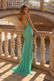 Picture of: Ruched Lace Fitted Gown with Strappy Open Back in Mint, Style: 33857, Back Picture
