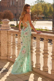 Picture of: Floral Embroidered Halter Gown with High Slit and Open Lace-Up Back in Mint, Style: 33869, Back Picture