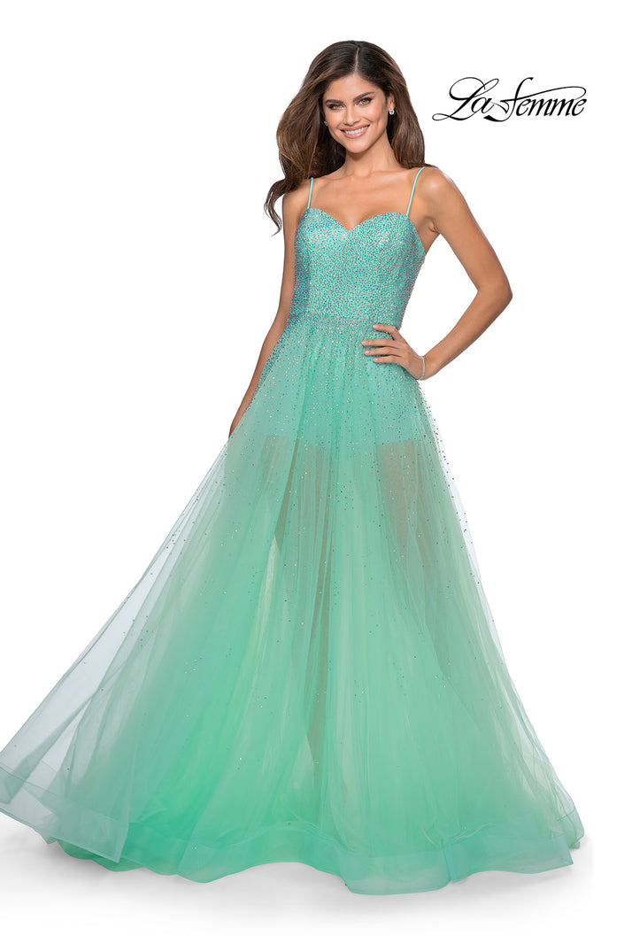 Picture of: Strapless Beaded Net Prom Dress with Sheer Bodice in Mint, Style: 28902, Detail Picture 1
