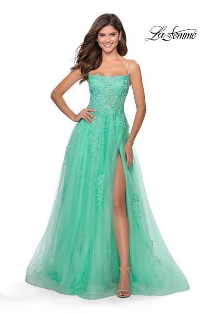 Picture of: A-line Tulle Gown with Floral Embroidery and Pockets in Mint, Style: 28470, Detail Picture 2