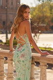 Picture of: Floral Embroidered Halter Gown with High Slit and Open Lace-Up Back in Mint, Style: 33869, Detail Picture 2