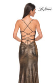 Picture of: Ruched Metallic Jersey Dress with Open Lace Up Back in Mocha , Style 32945, Detail Picture 14