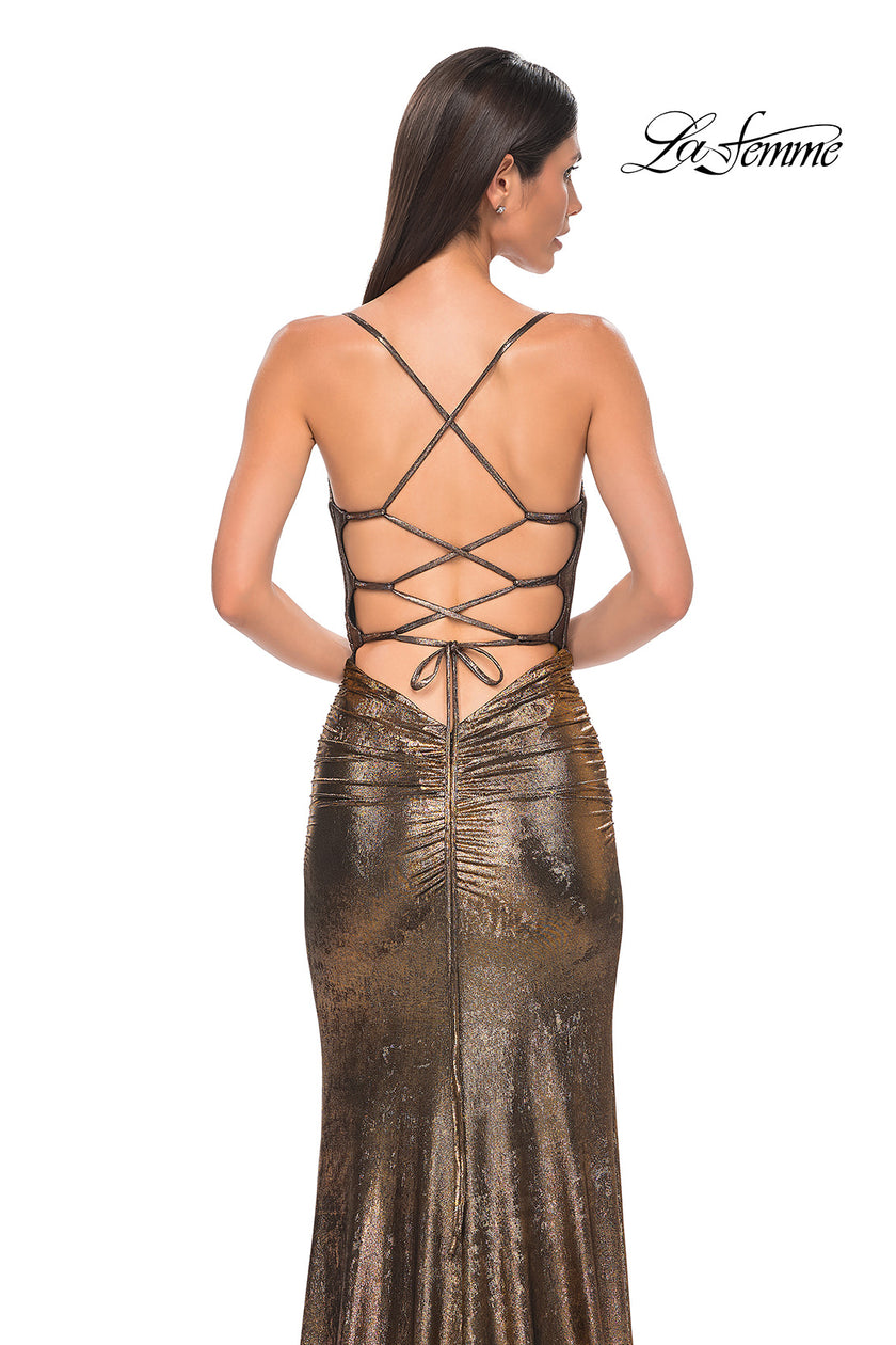 Picture of: Ruched Metallic Jersey Dress with Open Lace Up Back in Mocha , Style 32945, Detail Picture 14